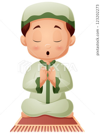 Cartoon muslim boy praying on the prayer rug 123202273