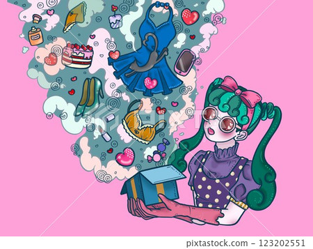 一個有很多慾望的女孩粉紅色的背景綠色的雲 123202551