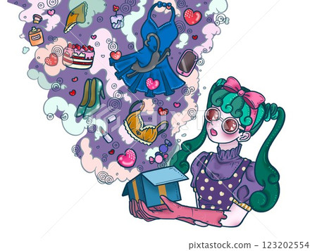 一個有很多慾望的女孩，白色背景，紫色的雲 123202554