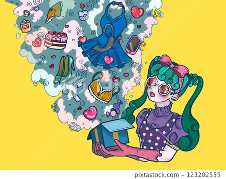 A girl with many desires Yellow background Green clouds 123202555