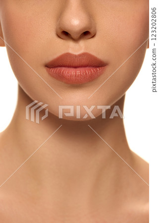 Close-up of young woman's lips with soft pink lipstick and flawless, healthy skin against white studio background. Make up. Close-up of young woman's lips with soft pink lipstick and flawless, healthy skin against white studio background. Make up. 123202806