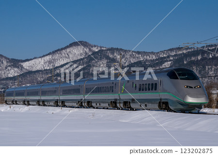 The silver Yamagata Shinkansen Tsubasa running through a snowy landscape The silver Yamagata Shinkansen Tsubasa running through a snowy landscape 123202875