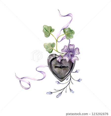 Watercolor composition with vintage heart-shaped lock, ivy leaves, Watercolor composition with vintage heart-shaped lock, ivy leaves, 123202876