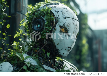 frozen android, abandoned in a junkyard, suddenly reboots. Its metallic body cracks as vines burst from its joints, and bioluminescent flowers bloom from its circuit frozen android, abandoned in a junkyard, suddenly reboots. Its metallic body cracks as vines burst from its joints, and bioluminescent flowers bloom from its circuit 123203140