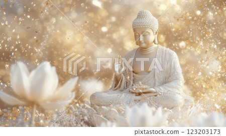 神秘的天堂世界、佛陀像與蓮花 123203173