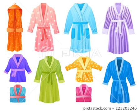 Cartoon bathrobes. Dressing gown, spa bathrobe housecoat with belt home bathroom clothing shower robe luxury hotel dress soft cotton kimono or pajamas, tidy vector illustration 123203240