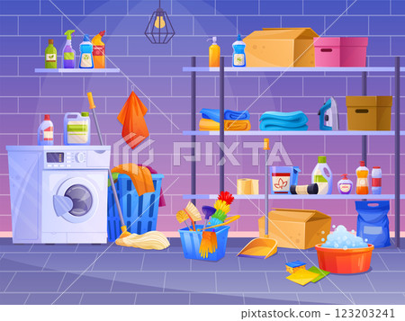 Laundry room interior. House basement with washing dryer machine, full basket dirty clothes or on racks, detergent box staircase in home cellar for wash, tidy vector illustration 123203241