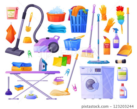 Laundry supplies. Home washroom equipment, cleaning tools clean detergents products washing machine towels basket sponge bucket cleaner bottle, cartoon set tidy vector illustration 123203244