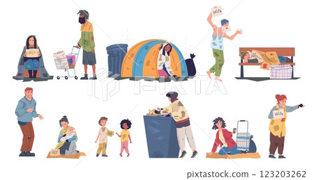 Homeless people. Poor characters on street, poverty beggar bum tramp hobo dirty shaggy man hungry woman unemployed begging person living low life cartoon classy vector illustration 123203262