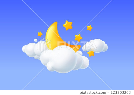 3d crescent cloud. Yellow childish moon stars cloud, baby happy sleep night long dreams lullaby zzz midnight time sleeping kid concept dream background, exact vector illustration 3d crescent cloud. Yellow childish moon stars cloud, baby happy sleep night long dreams lullaby zzz midnight time sleeping kid concept dream background, exact vector illustration 123203263