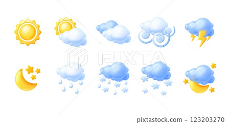 Render weather icons. Render realistic season climate forecast creative icon, sun moon rain wind storm cloud with rainy drop snow snowflake or thunder, exact vector illustration 123203270