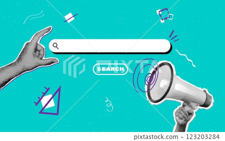 Halftone hiring search. New job free vacancy recruitment advertising banner trendy social media post, hand find recruit employee employment digital agency vector illustration 123203284