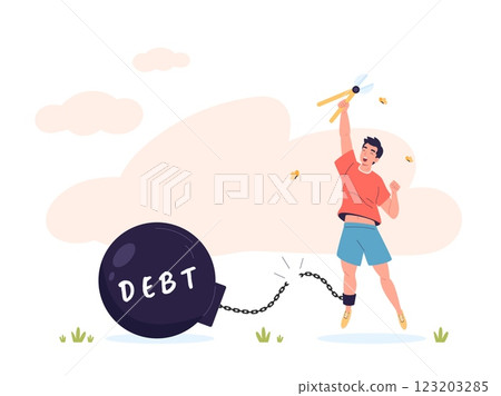 Debt free. Happy business man or student cut long chain of debt burden ball, financial freedom mortgage loan concept free bankrupt investment weight vector illustration 123203285