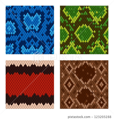 Cartoon snake skin pattern. Snakes skins reptile leather camouflage abstract texture, striped snakeskin print textile python anaconda or dragon scales tidy vector illustration 123203288