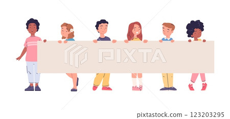 Kids hold long banner. Cartoon children hold big blank placard, school kindergarten child holding billboard together for game advertising preschool presentation vector illustration 123203295