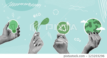 Halftone eco collage. Realistic hands holding green earth planet globe, esg recycle environmental change clean energy co2 ecology concept paper vintage collage vector illustration 123203296