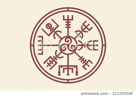Vegvisir ancient navigation compass and Triskele, hand-drawn Magic Celtic sign. The Vikings used many symbols in accordance to Norse mythology. Esoteric Wiccan Logo icon, vector vintage background 123203306