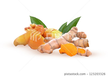 Turmeric roots and slice  plant of herb  on  white background. 123203326