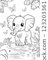 Cute baby elephant coloring page with butterflies and nature background. Perfect for kids and adults, great for relaxation and fun activities. Cute baby elephant coloring page with butterflies and nature background. Perfect for kids and adults, great for relaxation and fun activities. 123203361