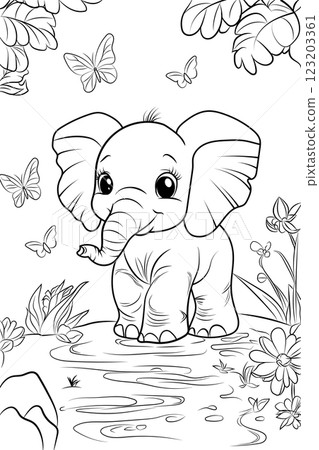 Cute baby elephant coloring page with butterflies and nature background. Perfect for kids and adults, great for relaxation and fun activities. Cute baby elephant coloring page with butterflies and nature background. Perfect for kids and adults, great for relaxation and fun activities. 123203361