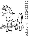 Adorable horse coloring page featuring a cute pony in a grassy field. Great for kids and adults, perfect for relaxation, fun activities, and farm animal lovers. Adorable horse coloring page featuring a cute pony in a grassy field. Great for kids and adults, perfect for relaxation, fun activities, and farm animal lovers. 123203362