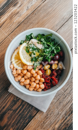 A vibrant Mediterranean bean salad with chickpeas, kidney beans, sun-dried tomatoes, and olives, served in a rustic ceramic bowl with olive oil and lemon. 123203422