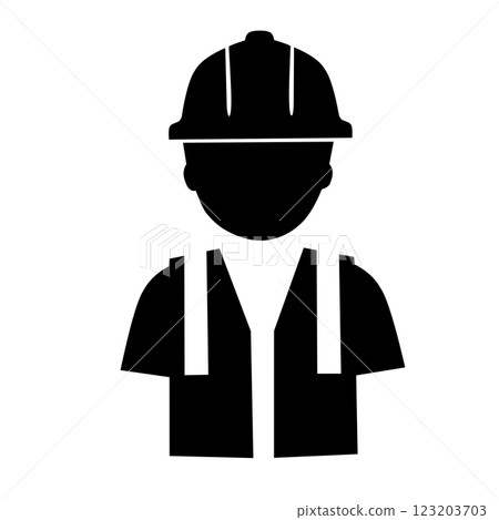 Silhouette icon of a construction worker wearing a hard hat and safety vest. Suitable for industry, engineering, safety, and labor-related concepts Silhouette icon of a construction worker wearing a hard hat and safety vest. Suitable for industry, engineering, safety, and labor-related concepts 123203703