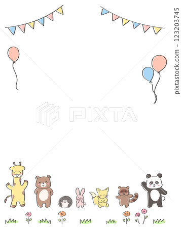 Cute animal celebration frame vertical type giraffe, bear, hedgehog, rabbit, raccoon, fox, panda 123203745