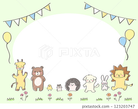 可愛的手繪動物生日卡，水平，綠色 123203747