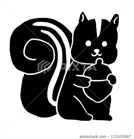 印刷風格的手繪單色插圖，描繪的是拿著橡子的松鼠 123203897