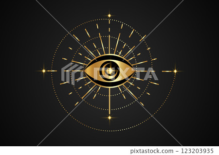 Gold Eye of Providence, Sacred Spiral, Masonic symbol. All seeing eye, Mystical logo icon in boho style, golden luxury design alchemy element, vector illustration isolated on black background 123203935