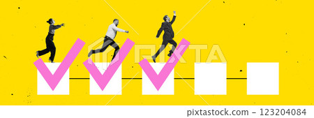 Banner. Composite image. Three professionals jumping between pink checkmarks and white boxes against yellow background. 123204084