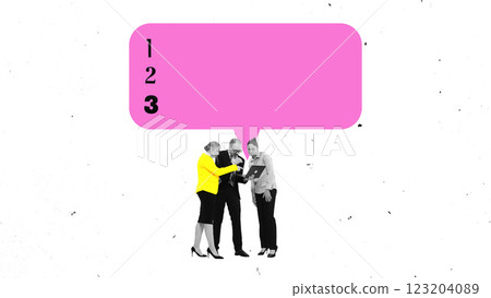 Composite image. Three business professionals gathered around laptop with large pink speech bubble displaying numbered list. Composite image. Three business professionals gathered around laptop with large pink speech bubble displaying numbered list. 123204089