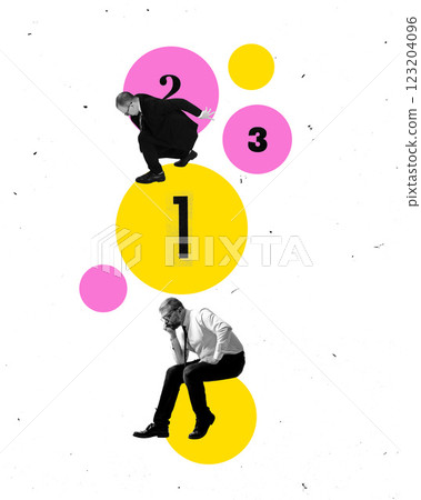 Composite image. Two businessmen positioned on large numbered yellow and pink circles as tasks, against white background. Composite image. Two businessmen positioned on large numbered yellow and pink circles as tasks, against white background. 123204096