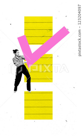 Poster. Composite image. Businesswoman holding oversized pink checkmark against yellow background with blank document. Poster. Composite image. Businesswoman holding oversized pink checkmark against yellow background with blank document. 123204097