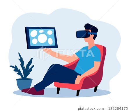Vector illustration of a man wearing a VR headset, sitting in a chair and exploring virtual reality. Modern technology, gaming, and futuristic experience concept Vector illustration of a man wearing a VR headset, sitting in a chair and exploring virtual reality. Modern technology, gaming, and futuristic experience concept 123204175