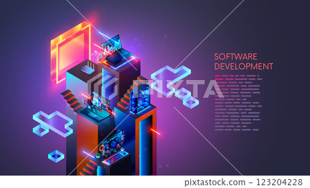 Software development, coding, programming concept. Programming, testing cross platform code, app on laptop, tablet, phone. Education, skill up of programmer. Technology computer software development. 123204228