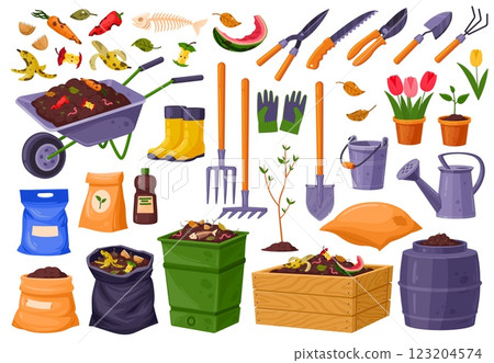 Garden composting. Organic fertilizer or food waste with soil in compost box bin and bag, garden tools wheelbarrow decomposition vegetables bio garbage, tidy vector illustration 123204574