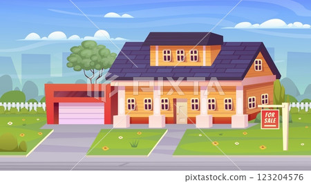 Suburban house sale. Modern american cottage signs for buy, villa residential mansion countryside residence home cartoon landscape, suburb real estate swanky vector illustration 123204576