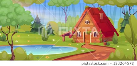 Cartoon forest hut. Forester shack, wooden cabin bungalow chalet village in jungle nature timber wood house lodge fairytale cottage game trees background swanky vector illustration 123204578