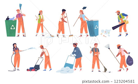 Street cleaners. City janitors in uniform cleaning gathering urban garbage, sweeper janitorial service job dustman waste bin collector, characters set classy vector illustration 123204581