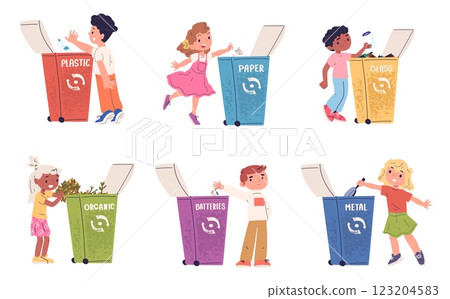 Children sorting garbage. Kids collect trash and throw out in rubbish recycling dustbins, separate litter child boy girl sort plastic paper organic waste classy vector illustration 123204583