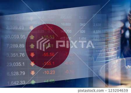 Japan flag with stock market finance, economy trend graph digital technology. 123204639