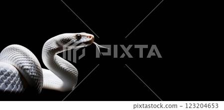 Portrait of a white snake on a black background. 123204653