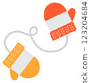 Hand-drawn mittens, warm colors, red and orange 123204684