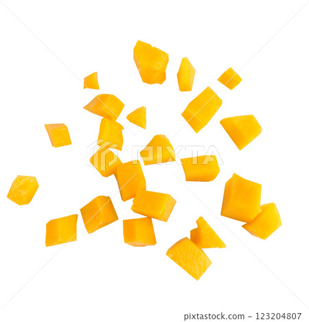 Fruit pulp cube piece mango fall isolated on white background Fruit pulp cube piece mango fall isolated on white background 123204807