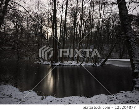 Snow covered trees mirroring river surface, winter landscape prague with soft, atmospheric light Vinor Nature Reserve Snow covered trees mirroring river surface, winter landscape prague with soft, atmospheric light Vinor Nature Reserve 123204877