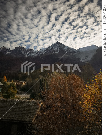 Majestic mountains Mont Blanc looming over chamonix valley in autumn 123204882