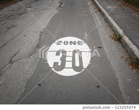 Zone 30 traffic sign indicating speed limit on asphalt road in chamonix, france Zone 30 traffic sign indicating speed limit on asphalt road in chamonix, france 123205074