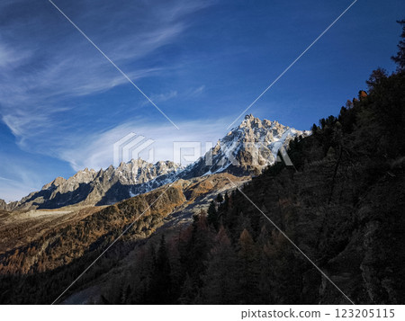 Majestic aiguille du midi Mont Blanc soaring above chamonix valley in autumn 123205115